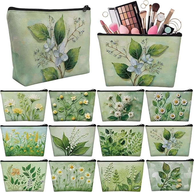 Sweetude 12 Pcs Green Flower Makeup Bags Bulk Green Plants Portable Travel Cosmetic Bags with Zipper Floral Waterproof Roomy Travel Toiletry Organizer Storage Beauty Pouch for Women Gifts by Sweetude