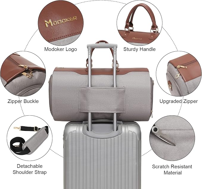 Modoker Convertible Garment Bag with Shoulder Strap, Carry on Garment Duffel Bag for Men Women - 2 in 1 Hanging Suitcase Suit Travel Bags, Caramel - Image 4