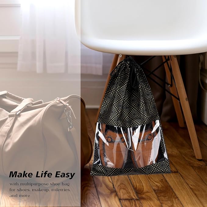 Kuber Industries Shoe Bags | Shoe Bags for Travel | Drawstring Shoe Storage Bags | Storage Organizers Set | Shoe Cover with Transparent Window | Shoe Pouches | Golden Dot-Print | Pack of 6 | Black - Image 6