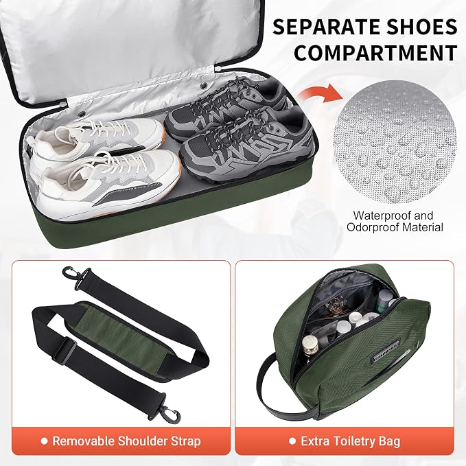 WITZMAN Nylon Duffle Bag for Men 55L with Toiletry Bag Sets Overnight Bag | Multi-pockets with Shoe Compartment and Dry-wet Pocket, Carry On, Convertible for Gym, Overnight, Sports, B696 Army Green - Image 4