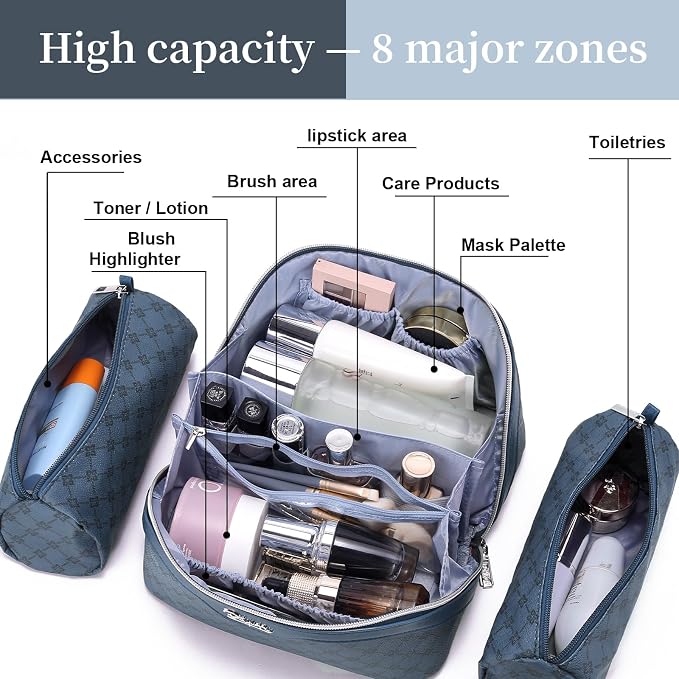 BOYATU Travel Makeup Bag Cosmetic Bags for Women: 3 Pcs Set Large Capacity Make up Bag with Handle - Vegan Leather Toiletry Bags with Compartments - Makeup Organizer for Travel Essentials(A-4-Blue) - Image 5