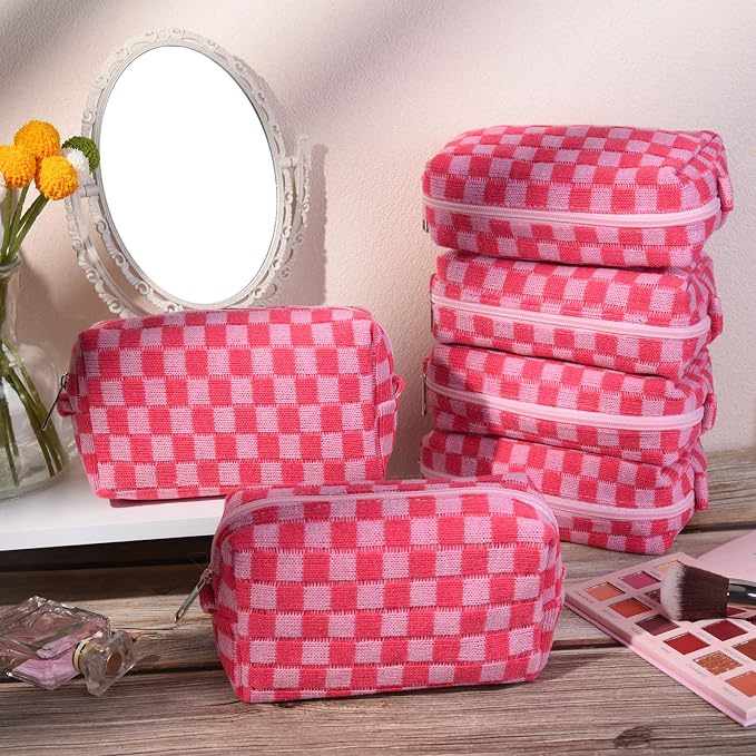 SOIDRAM Checkered Makeup Bag Preppy Cosmetic Bag Bulk Pink Makeup Pouch Personalize Travel Toiletry Bag Organizer Cute DIY Makeup Brushes Storage Bag for Women - Image 4