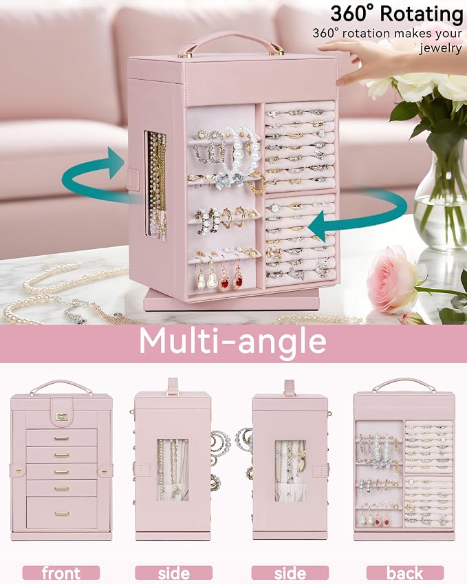 AKOZLIN 6-Tier Jewelry Box Organizer Functional 5 Drawers Leather Jewelry Storage Case for Women Girls Ring Necklace Earring Bracelet Holder Organizer with Mirror Pink 360° Rotating - Image 5