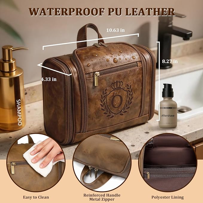 Personalized Mens Large Leather Travel Toiletry Bag Hanging Dopp Kit Grooming with Laser Engraved Initials, Custom Monogrammed Gifts for Groomsmen Groom Boss Friend Brother, Mustard Letter O - Image 4