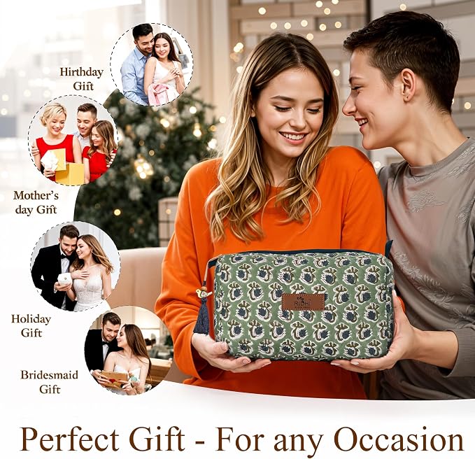 Ridhi Basil Green Hand Block Printed Floral Toiletry Bag For Women 100% Cotton Quilted Set of 3 Waterproof Inner Lining, Cosmetic Jewelry Organizer, Travel Pouch, Essential Storage Purse Gifts - Image 6