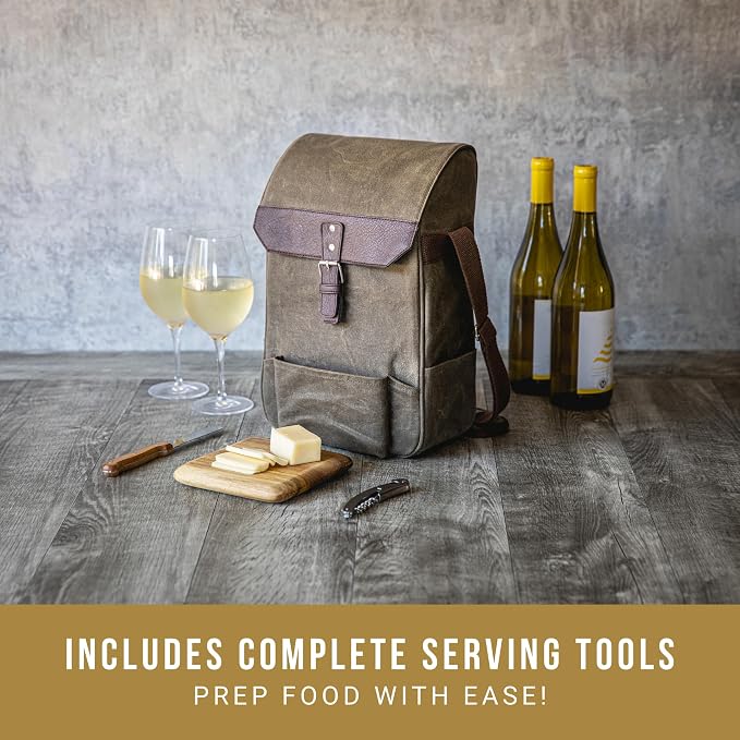 PICNIC TIME 2 Bottle Insulated Wine Bag with Cheese Board and Knife Set - Wine Picnic Bag - Distressed Waxed Canvas Wine Tote, (Khaki Green with Brown Accents) - Image 2