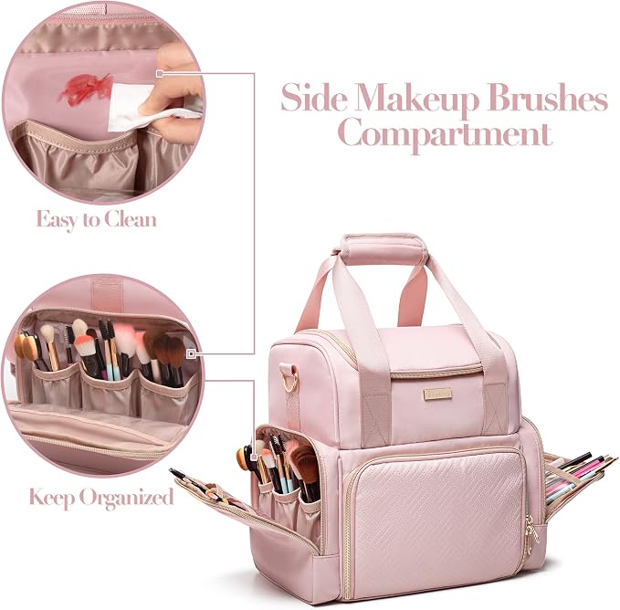 Large Cosmetic Bag, Double Layer Travel Makeup Organizer, Pink | Makeup Bag with 3 Removable Cases, Inner Dividers & Brushes Storage Pockets, Cosmetic Storage Case Fits Beauty Essentials - Image 4