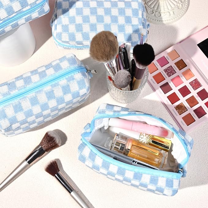 SOIDRAM Checkered Makeup Bag Preppy Cosmetic Bag Bulk Blue Makeup Pouch Personalize Travel Toiletry Bag Organizer Cute DIY Makeup Brushes Storage Bag for Women - Image 2