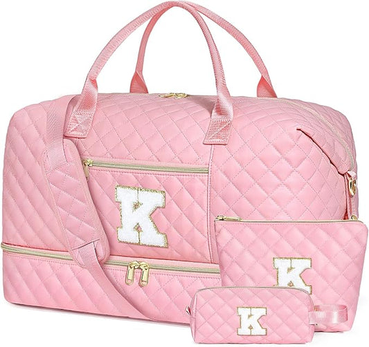 Graduation Birthday Gift for Her, Personalized Initial Weekender Bag for Women 45L Travel Duffle Carry On Quilted, 3PCS Overnight with Cosmetic & Toiletry Bag, Shoe Compartment, Gym Dance Bag for Girl by ITIEZY