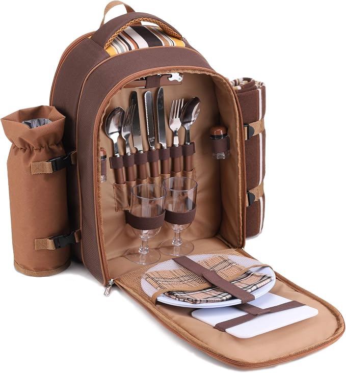 apollo walker Picnic Backpack Bag for 2 Person with Cooler Compartment, Detachable Bottle/Wine Holder, Fleece Blanket, Plates and Cutlery(2 Person, Brown) - Image 2