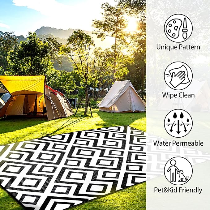 DiiKoo Outdoor Rug Mat for Patio, 6x9ft Waterproof Reversible Plastic Straw Rugs, Camping Carpet Area Mats for RV, Porch, Deck, Backyard, Balcony, Camper, Trailer, Black & White - Image 5