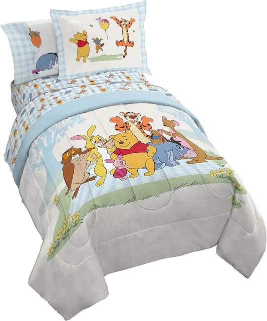 Disney Winnie The Pooh Twin Comforter Set 5 Piece Kids Bedding, White | Piglet Tigger, Bed in a Bag, Comforter Sheets Sham Pillowcase, Official Brand, Soft Microfiber, Machine Washable, Kids Gift by JayFranco