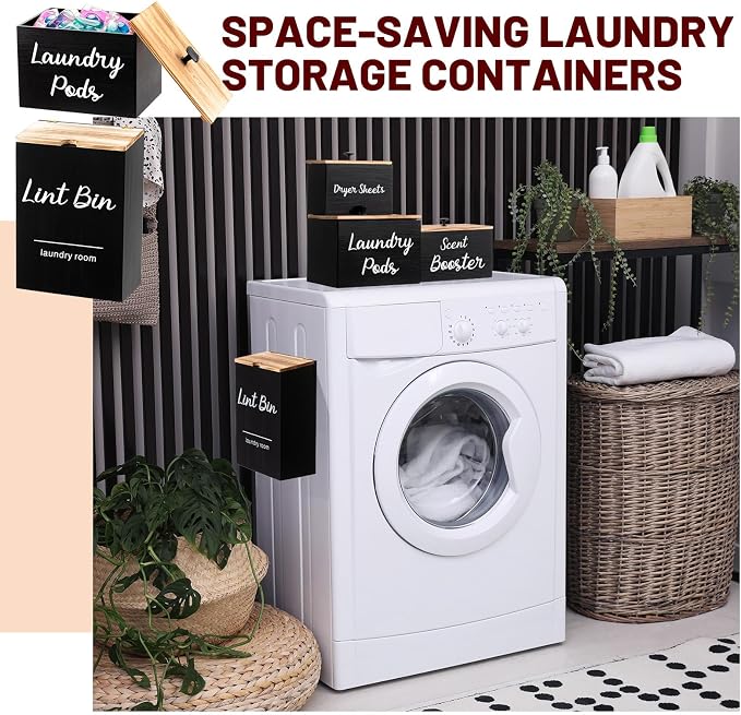 Dandat 4 Pcs Magnetic Laundry Pod Holder Laundry Room Container Set, Lint Bin with Scoop and Brush Dryer Sheet Holder, Scent Booster Container Rustic Gift Wood Farmhouse Room Decorcontainer(Black) - Image 6