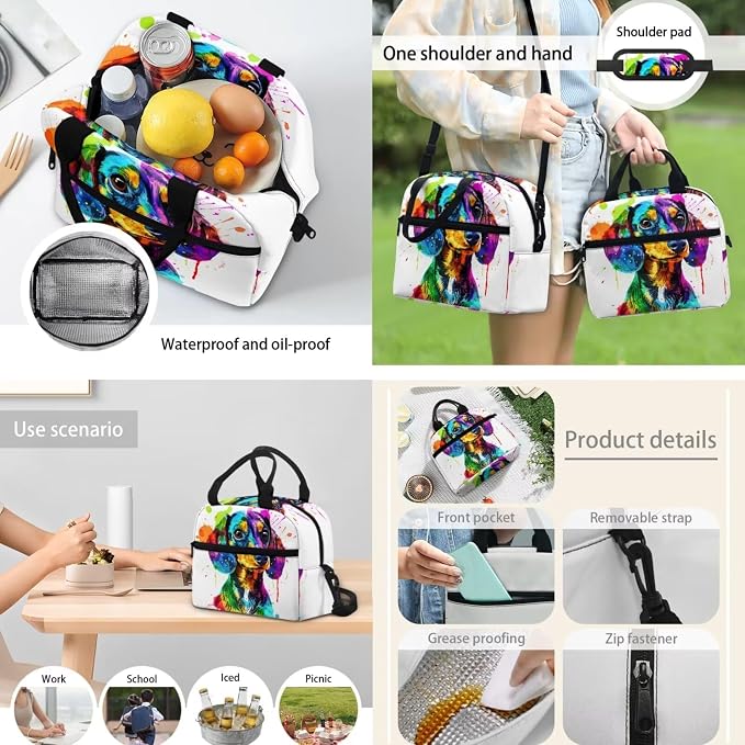 Colorful Dachshund Dog Schoolbag for Boys Girls，4Pcs Dachshund Dog Backpack with Insulated Lunchbag Tote Bag Pen Holder Pouch Water Bottle Carrier Bag - Image 5