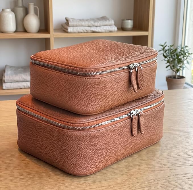 Luxury Genuine Cowhide Leather Cosmetic Organizer Bag – Large Capacity Makeup & Toiletry Travel Case with Compartment, Brush Holder for Women and Men - Image 2