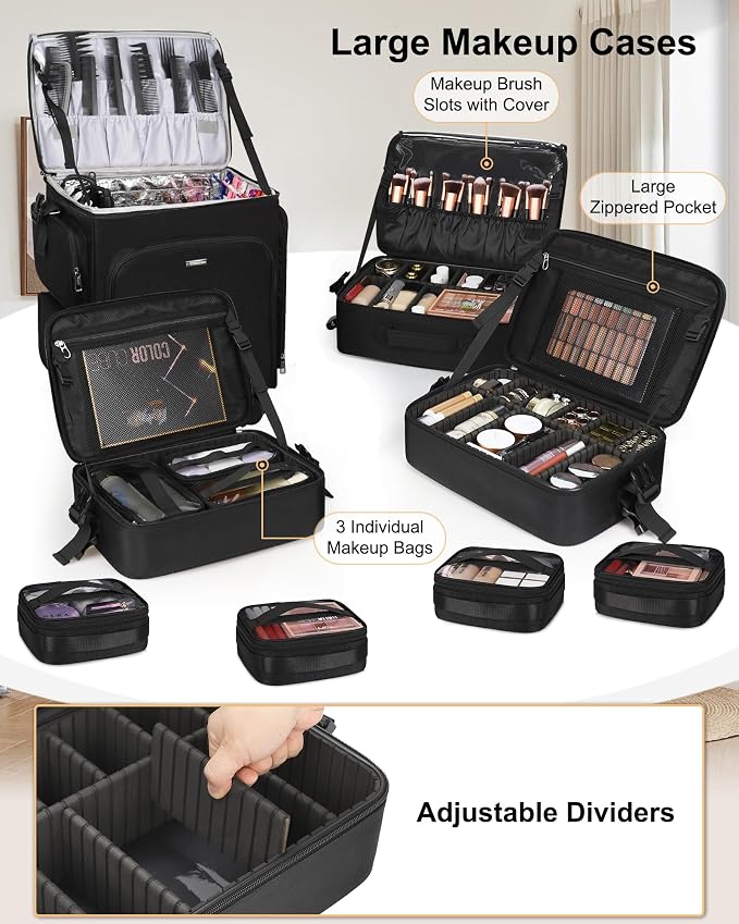 Relavel Rolling Makeup Case, 4 in 1 Hairstylist Traveling Bag Cosmetology Case on Wheels Large Hair Tools Cosmetics Train Case Makeup Artist Organizer (black with 4 additional small bags, Extra Large) - Image 2
