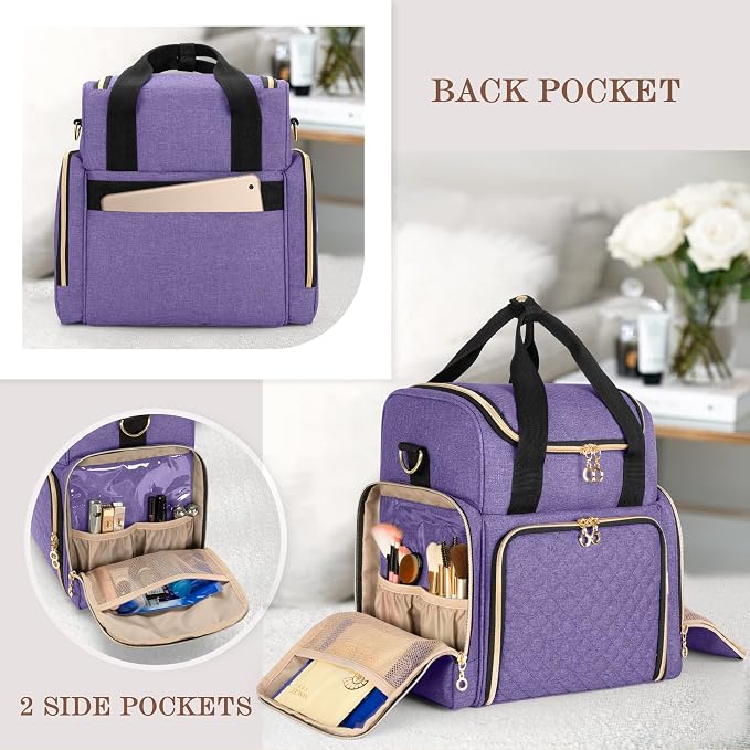 LUXJA Travel Makeup Bag with 2 Removable Makeup Cases, Purple | Large Cosmetic Bag with Multiple Storage Sections, 3 Detachable Dividers, Detachable Shoulder Strap, Trolley Sleeve - Image 4