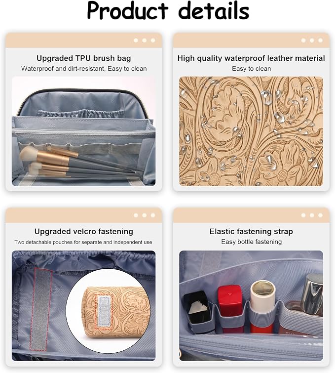 BOYATU Travel Makeup Bags Cosmetic Organizer Bag: 3 Pcs Set Large Capacity Floral Make up Bag with Compartments - Waterproof Leather Toiletry Bags with Handle for Women (17-Apricot) - Image 6