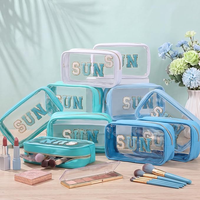 Kacctyen 10 Pcs Sun Clear Makeup Bags with Zipper in 5 Assorted Colors, Chenille Letter Sunscreen Bags Bulk, Clear Waterproof Cosmetic Bag for Women Beach Pool Trip & Summer Birthday Party Favors - Image 6