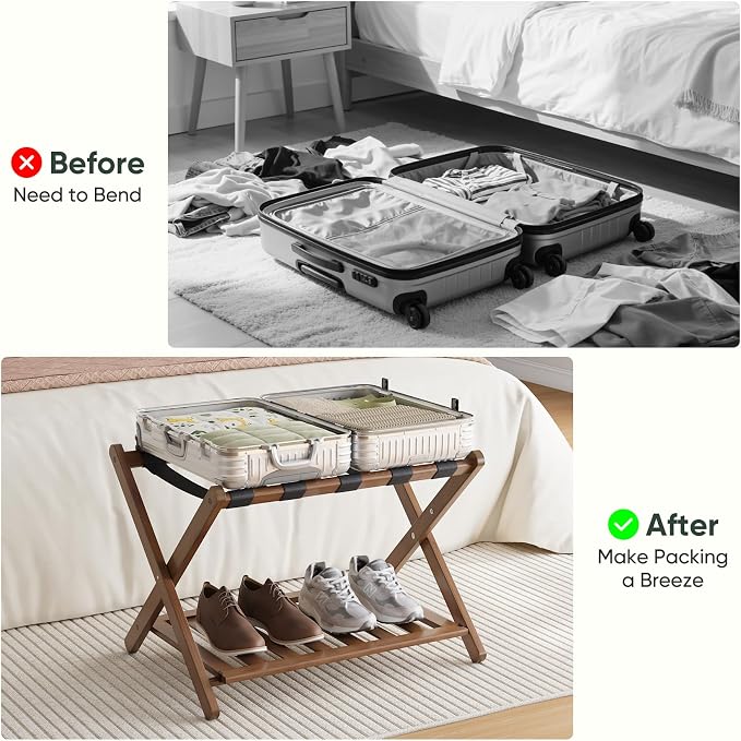 Smart FENDEE Set of 2 Fully Assembled 26.77" Dark Walnut Luggage Racks with Foldable Shoe Shelf, 5 Heavy-Duty Straps Bamboo Suitcase Stand, Luagge Holders for Guest Room Bedroom, Hotel - Image 5