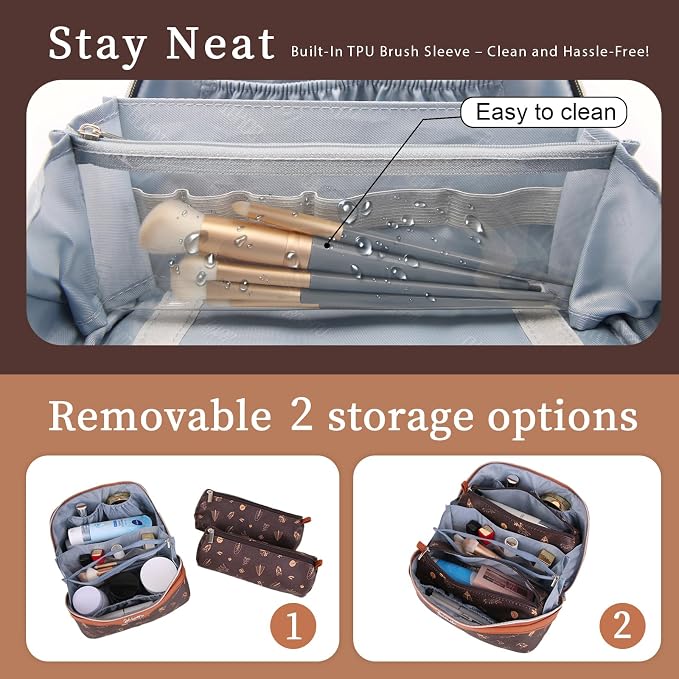BOYATU Travel Makeup Bag Cosmetic Bags for Women: 3 Pcs Set Portable Make up Bag with Handle - PU Leather Toiletry Bags with Compartments - Makeup Organizer for Travel Essentials(L-1-Brown) - Image 4