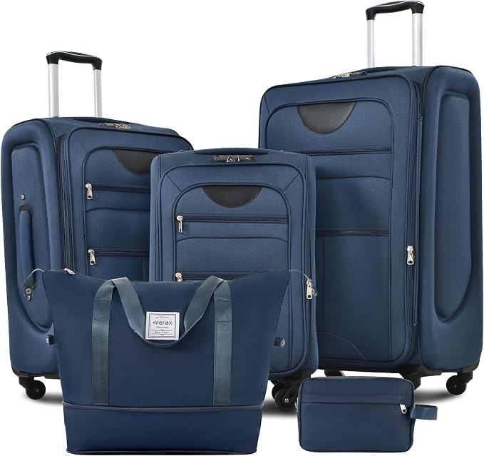 Merax Softside Luggage Set 3 Piece Suitcase with Duffel Bag Spinner Wheels | Lightweight Expandable Travel Luggage 22" 26" 30",Deep Blue by Merax