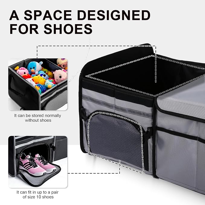SugarFox Bold Color Block Trunk Organizer | 95L, 35"x13.8"x11.8" | Dedicated Shoe Storage & 26L Ice Pack | Foldable for SUV/Car/Jeep | Car Accessories for Men & Women - Gray-X212 - Image 3