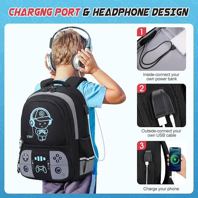 Bevalsa Backpack for School Boys, Cool Luminous Gamer Boys Schoolbag with Lunch Box & Pencil Case Set for Kids Teens Elementary Middle School, Bookbag Glow In The Dark(Black Backpack) - Image 5