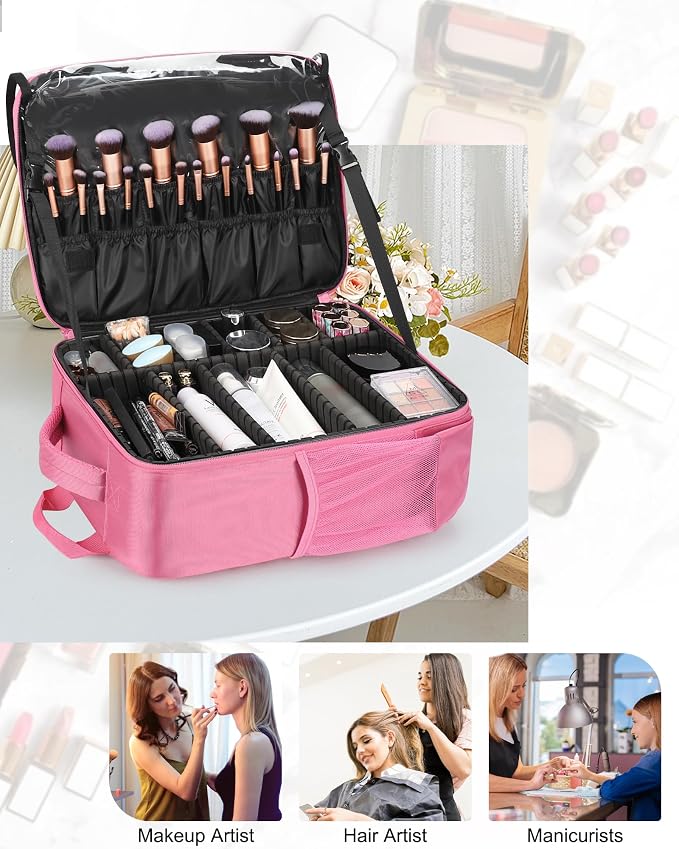 Relavel Makeup Backpack, Professional Travel Train Case Makeup Artist Kit Set Bag for Women Extra Large Cosmetic Organizer, Brush Storage Holder, with Adjustable High Dividers, Rose Pink - Image 5