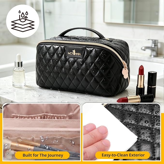 Travel Makeup Bags Cosmetic Organizer: 3Pcs Set Puffy Make up Bag for Women | Black Premium Quilted ELEGANCE Design | Large Capacity Leather Toiletry Bags | Wide Open Compact Case for Travel Essentials - Image 8