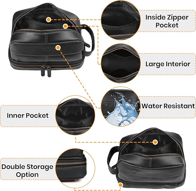 LEATHER VILLAGE Genuine Leather Dopp Kit - Travel Bag with Waterproof Lining, Large Capacity Toiletry Bag, Dual-Zip Design for Men & Women, Shaving & Bathroom Essentials Organizer - Black - Image 3