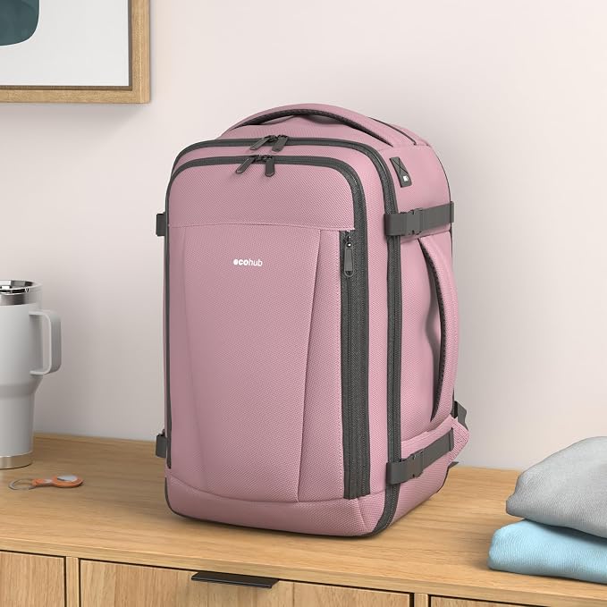 ECOHUB Travel Backpack 18x14x8 Spirit Airlines Personal Item Bag Carry On Backpack 13 Pockets Large Work Casual Daypack for men Airline Approved Waterproof Gym Backpacks with Charging Port, Pink - Image 2