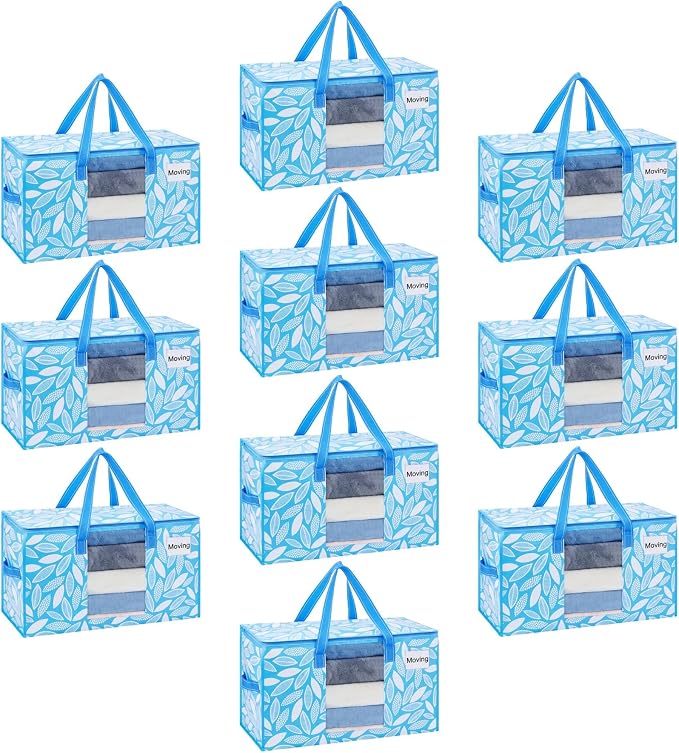 VENO 10 Pack Pack Heavy Duty Moving Bags, Clothes and Comforter Storage Bags with Clear Window, College Dorm Essentials Packing Supplies, Foldable Boxes Alternative (Spring Breeze, 10 Pack) by Veno