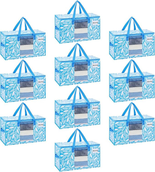 VENO 10 Pack Pack Heavy Duty Moving Bags, Clothes and Comforter Storage Bags with Clear Window, College Dorm Essentials Packing Supplies, Foldable Boxes Alternative (Spring Breeze, 10 Pack) by Veno