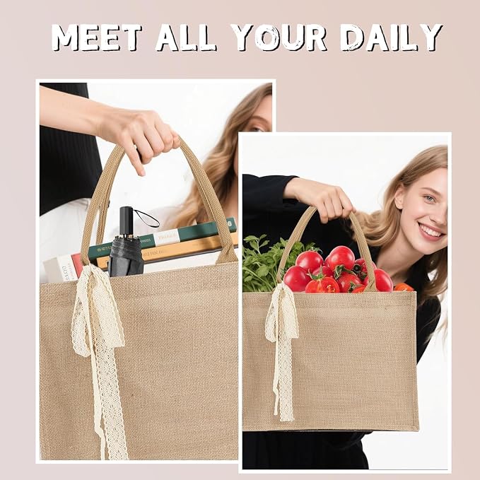 Burlap Tote Bag Set with Ribbon, Reusable Blank Water Resistant Grocery Bags - Image 6