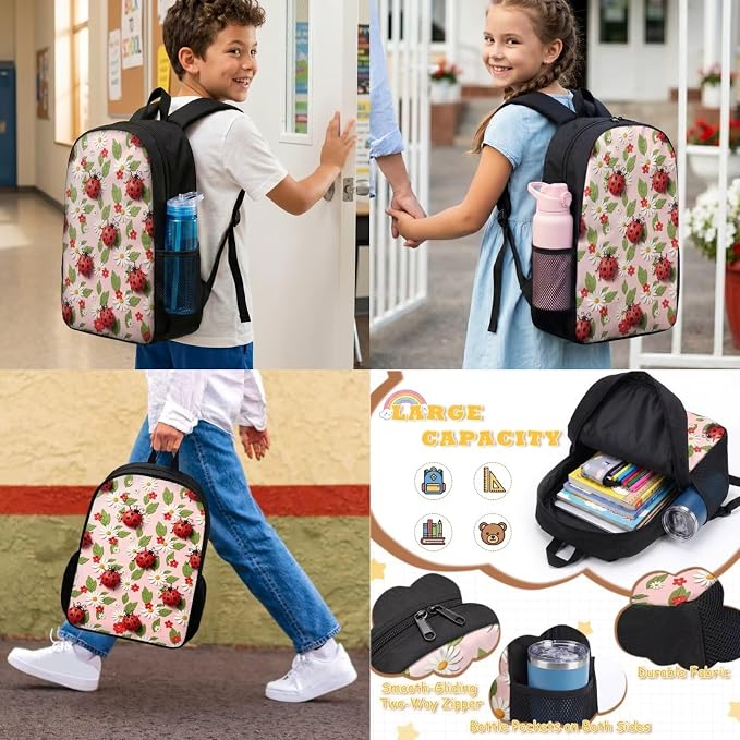 Cute Ladybug Backpack with Lunch Box Kids Girls 6-7/7-8 Daisy Flower Primary School Bookbags for 2nd Grade Kids 17in Book Bag Lunchbox Pencil Case Water Bottle Holder 4PCS Set - Image 3