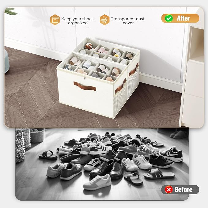 2 Pack Shoe Organizer for Closet, Foldable Shoe Storage with Adjustable | Farbic shoe storage organizer box bin with clear cover, fits up to 16 pairs, shoe storage box for closet, entryway, beige - Image 2