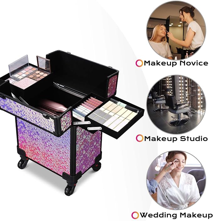 BYOOTIQUE Rolling Makeup Case Cosmetology case on wheels Makeup Artist Nail | Aluminum Rolling Makeup Suitcase with 360° Detachable Wheel Lockable 44Lb Large Capacity Organizer Nail Tech Mermaid Pink - Image 2