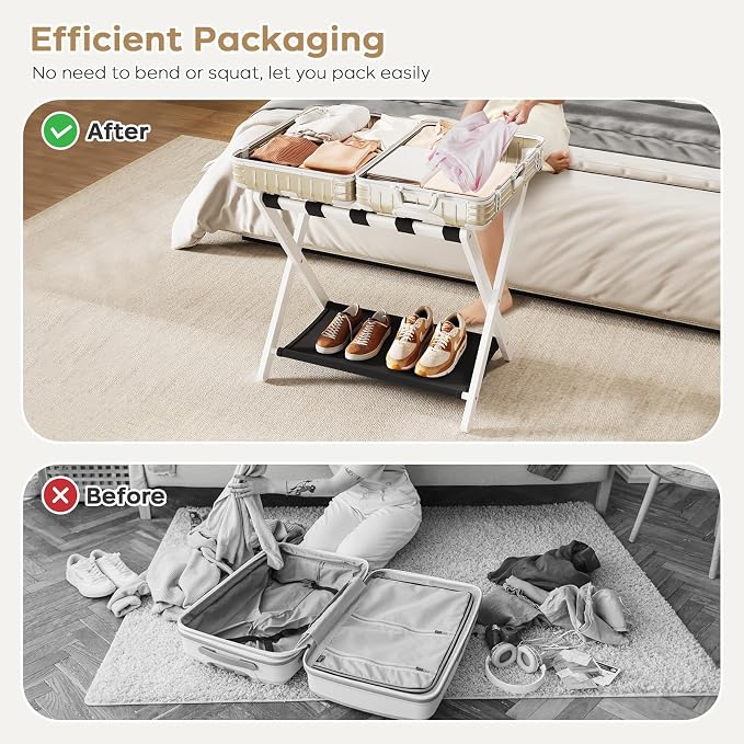 Fully Assembled Luggage Rack, 26.77" Folding Suitcase Stand with Storage Shelf, Bamboo Luggage Stand for Guest Room, Bedroon and Hotel, Holds up to 165 lb, Fit Most Luggage Size, 1 Pack, White - Image 6