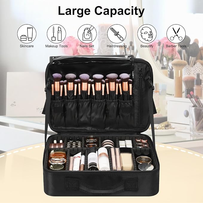 Relavel Makeup Case Large Makeup Bag Professional Train Case 14 inches Travel Cosmetic Organizer Brush Holder Waterproof Makeup Artist Storage Box, 2 Layer Large Capacity, with Adjustable Strap - Image 3