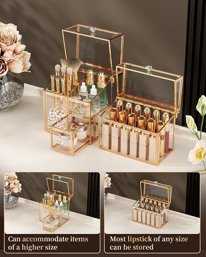 CoralHouse Makeup Brush Organizer – Vanity Organizer with 18-Slot Lipstick Organizer & Makeup Brush Holder with Lid – Skincare, Perfume & Cosmetic Storage for Bathroom or Dresser - Image 5