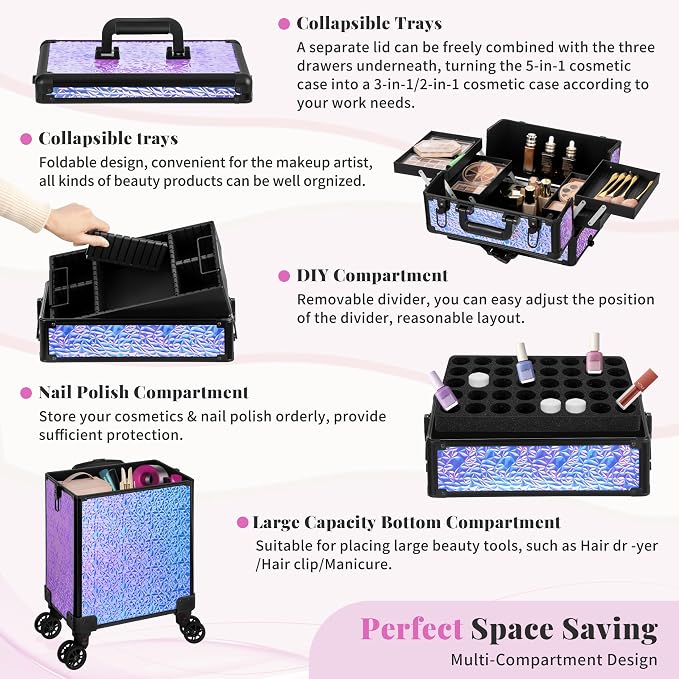 Rolling Makeup Train Case with Lid Cosmetology Case on Wheels | 5 in 1 Large Cosmetic Trolley Organizer Travel for Hairstylist Artist Nail Beauty Salon Barber Cart Trunk, Gravel Purple - Image 6