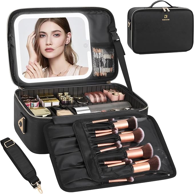 Chomeiu Makeup Bag with LED Mirror, Large Travel Cosmetic Train Case for Women, Makeup Artists Large Organizer Box with Vanity Light Up Mirror, 3 Color Lights, Adjustable Dividers (Black) by Chomeiu