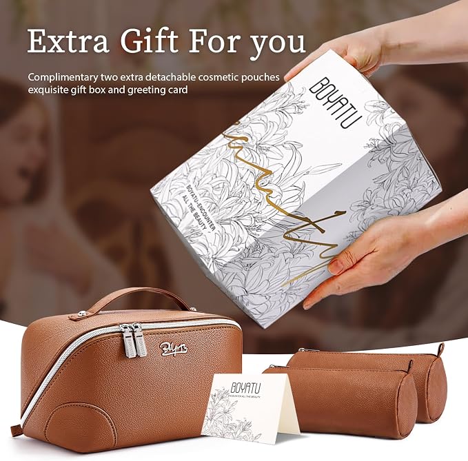 BOYATU Travel Makeup Bag Cosmetic Bags for Women: 3 Pcs Set Large Capacity Make up Bag with Handle - Waterproof Vegan Leather Toiletry Bags Travel Essentials with Compartments(C-1-Brown) - Image 6