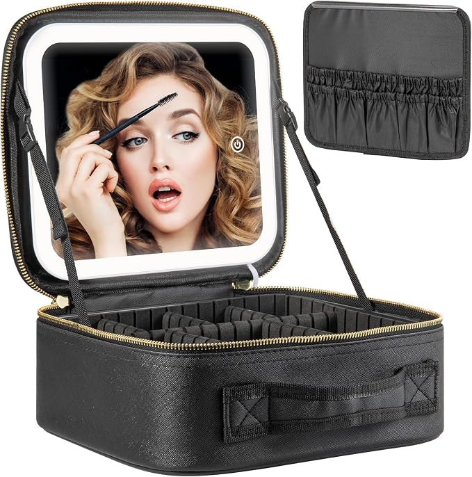 Extrei Gent Makeup Travel Train Case with Mirror LED Light 3 Adjustable Brightness Large Cosmetic Bag Portable Storage Adjustable Partition Waterproof Makeup Brushes Make up Jewelry Gift for Women by Extrei+Gent
