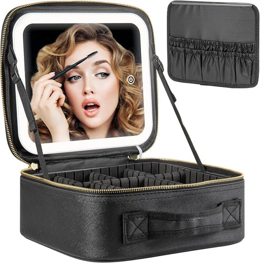 Extrei Gent Makeup Travel Train Case with Mirror LED Light 3 Adjustable Brightness Large Cosmetic Bag Portable Storage Adjustable Partition Waterproof Makeup Brushes Make up Jewelry Gift for Women by Extrei+Gent