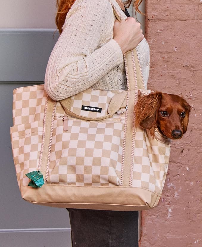 Cleverpup Transit Tote Dog Carrier 4-Piece Set - Premium Lightweight Pet Travel Bag with Plush Teddy Insert, Food Pouch, Air Mesh Opening, Water-Resistant Base & Safety Tether - Medium Checkerboard - Image 7