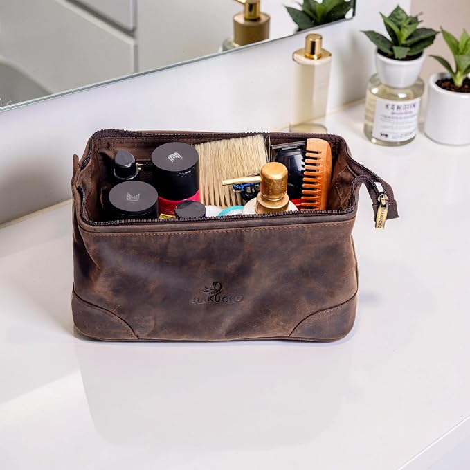 Leather Toiletry Bag, Grooming Travel Pouch, Shaving Kit Toiletries, Makeup Kit Organizer with Waterproof Lining, Handcrafted Vintage leather, best gift for Men & Women (DARK BROWN) - Image 6