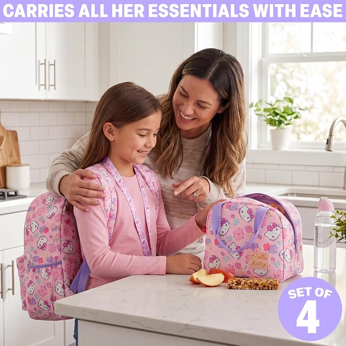 Get Trend Hello Kitty Girls Corduroy Backpack 4 Piece Set | 17 inch Bookbag with Laptop Pocket, Insulated Lunch Bag, Zipped Pencil Case & Lanyard, Back to School Kawaii Gifts for Girls - Image 6