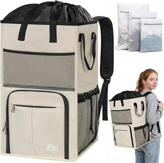 170L Laundry Backpack Bag with 3 Sizes Mesh Wash Bags Empty, Extra Large 2 in 1 Laundry Hamper Basket with Shoulder Straps, Freestanding Laundry Bag for College Dorm, Laundromat, Apartment (Beige) by WELIDAY